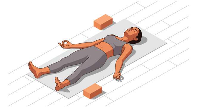 Peaceful yoga routine: woman practicing corpse pose for relaxation and stress relief