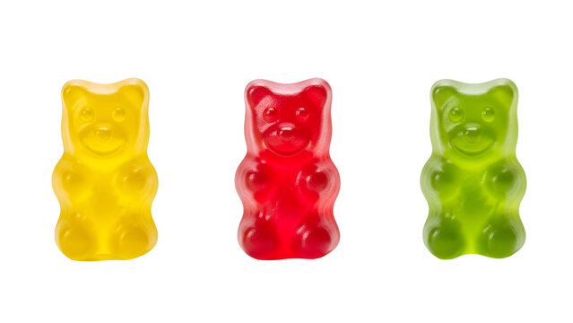 Three colorful gummy bears isolated on transparent background