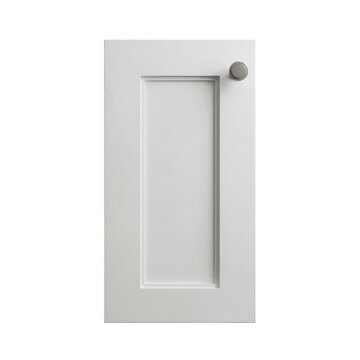 A classic white kitchen cabinet door with a shaker style frame and a simple modern metal knob pull