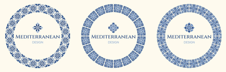 Set of three circular Mediterranean tile frames in blue and white, featuring floral and geometric mosaic borders. Elegant ceramic inspired templates isolated on a light background with classic style. © Danchenko