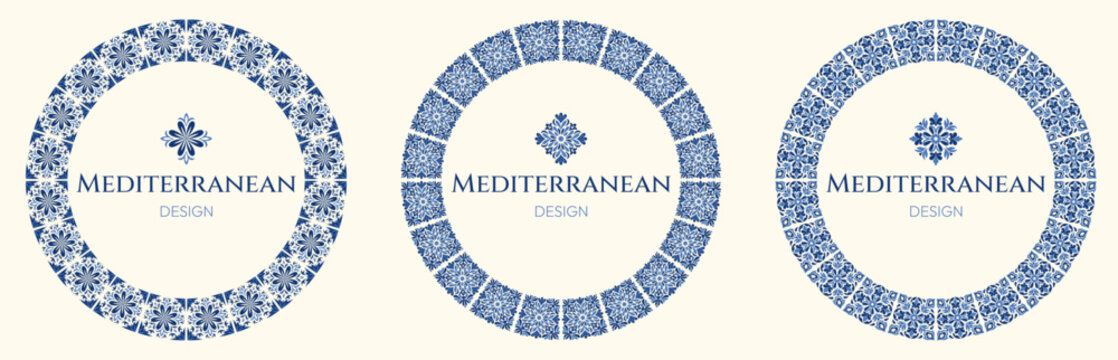 Set of three circular Mediterranean tile frames in blue and white, featuring floral and geometric mosaic borders. Elegant ceramic inspired templates isolated on a light background with classic style.
