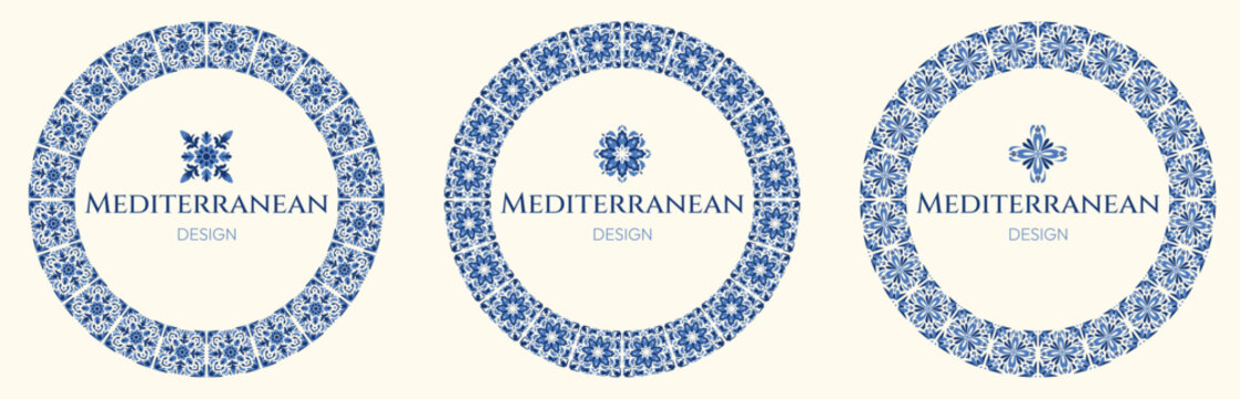 Set of three circular mediterranean tile frames in blue and white with ornamental floral motifs. Elegant ceramic inspired borders with classic mosaic detail, isolated on a light background.