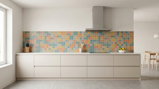Modern kitchen interior with colorful mosaic tile backsplash. Minimalist counter furniture design,  cooking workspace with stove and hood. Domestic living room environment for home cooking.