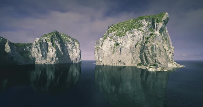 evening channel opening to endless sea, narrow corridor of water framed by tall cliffs, subtle reflections on glassy surface, calm dusk atmosphere evoking