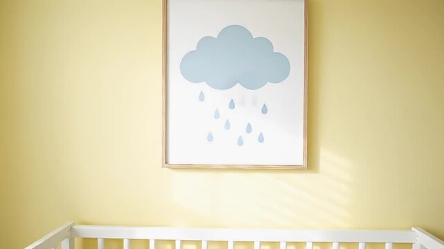 Baby nursery with white crib furniture.