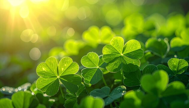Vibrant three-leaf clover field with bright sunlight and soft bokeh background.