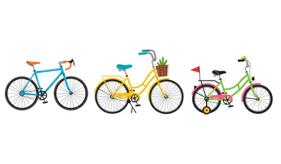 Obraz premium Modern Flat Bicycle Vector Collection Featuring Road Bike Cruiser and Kids Bike