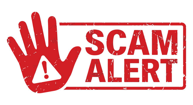 A red scam alert sign with a hand and exclamation mark warning of potential fraud