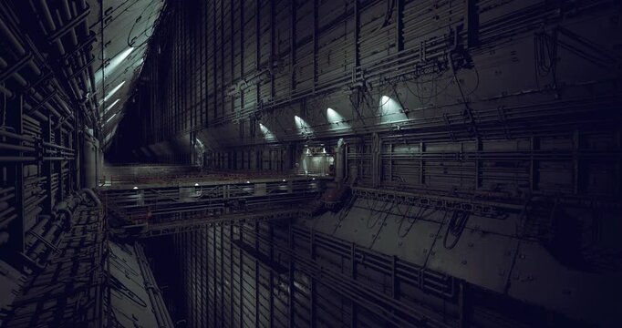 Vast infrastructure trunk with converging lines and moody lighting, exposed pipes and cable bundles, heavy steel ribs, structural repetition, inspectionready