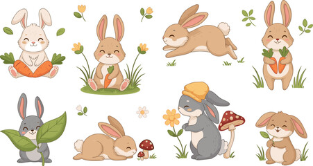 Naklejka premium Cute Bunny Rabbit Character Collection with Carrots, Flowers and Forest Elements, Adorable Cartoon Woodland Animal Vector Illustration Set for Kids