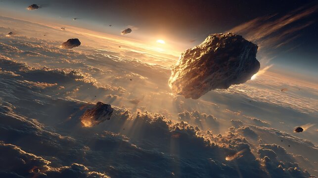 A large asteroid hurtles through space towards a planet during a breathtaking sunset