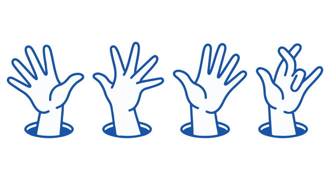 A graphic illustration of four hands emerging from holes in the ground with different gestures