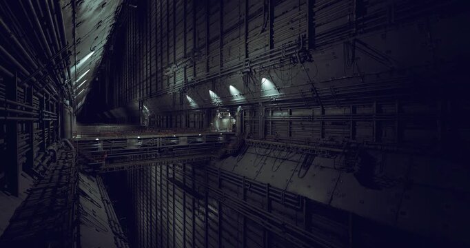 narrow fortified walkway with row lights and heavy panels, industrial hardware visible along sides, atmosphere of maintenance and utilitarian design, dramatic