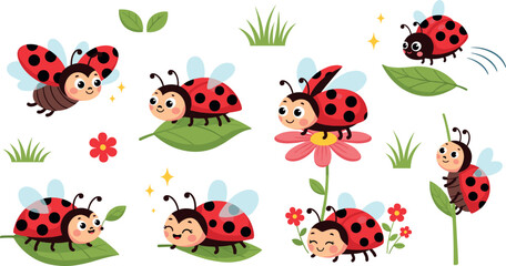 Cute Ladybug Cartoon Character Collection with Flowers, Leaves, and Grass, Adorable Garden Insect Vector Set for Spring Nature and Kids Design © Jisan