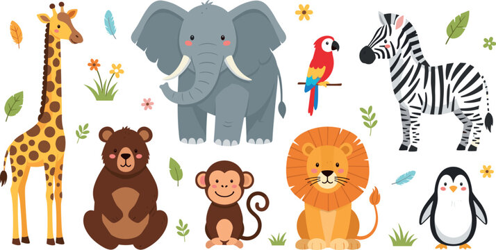 Cute Safari Wild Animal Collection with Elephant, Lion, Zebra, Giraffe, Monkey, Bear, Penguin and Parrot Cartoon Vector Illustration Set