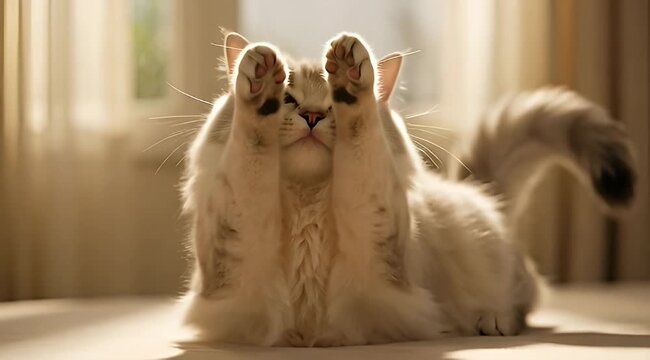 Adorable ragdoll cat lying on back with paws up in the air