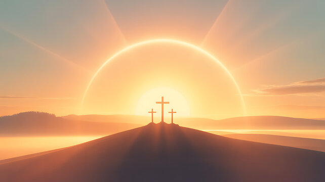Three crosses silhouette on a hill at sunrise representing calvary for good friday and the ultimate sacrifice of jesus christ for the whole of mankind
