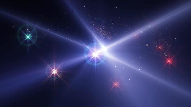 Vibrant light flares and star glints illuminate dark space, creating an abstract optical effect background