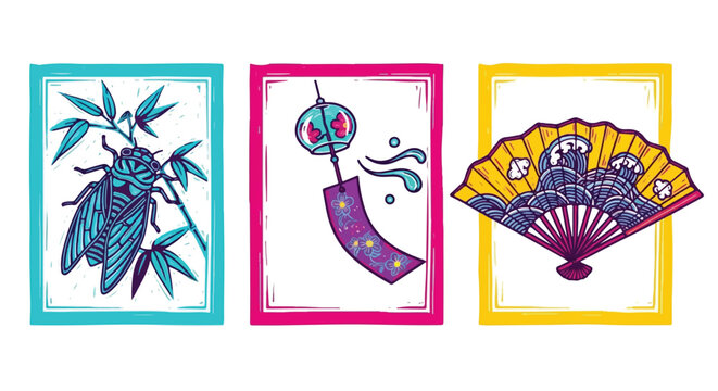 Japanese Summer Hanafuda Style Illustration Set Cicada Furin Folding Fan