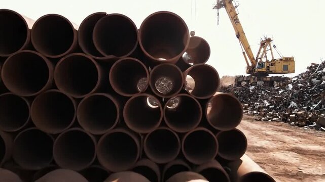 Industrial Metal Debris. Closeup Of Aged Metallic Pipes And Industrial Background Setting. Atmospheric Scene Showcasing Weathered Steel Tubes Amidst Scrapyard Chaos And Warm Backlighting