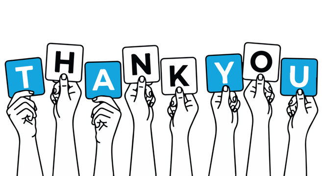A group of hands holding up letters that spell out a thank you message