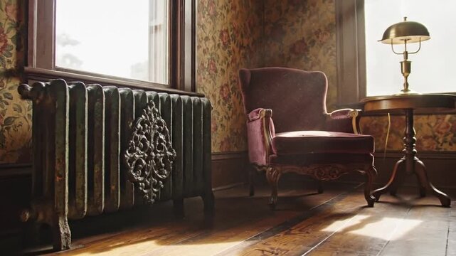 Antique Radiant Warmth. Warm Golden Light Highlights Ornate Furniture And Patterned Walls In Room. Sunlit Vintage Setting Where Warm Golden Glow Enhances Ornate Cast Iron And Velvet Furnishings
