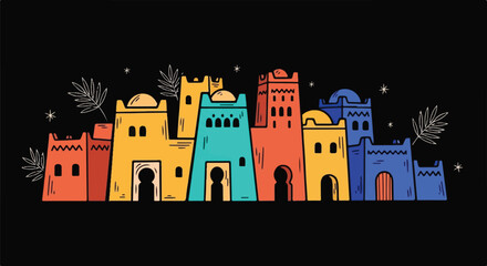 Obraz premium Vibrant North African Kasbah Architecture Illustration on Black Background
