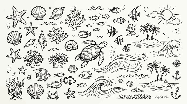 Sea Ocean Beach Summer Icons.