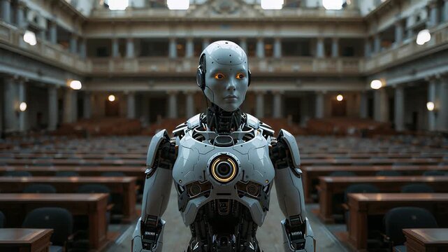 Humanoid robot standing between rows of wooden benches inside a large classical auditorium