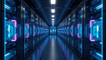 Futuristic Data Center Server Corridor With Glowing Neon Technology Network
