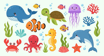 Naklejka premium Happy Cute Cartoon Marine Animals and Underwater Elements Vector Set EPS10 Stock.eps