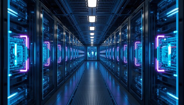 Futuristic Data Center Server Corridor With Glowing Neon Technology Network