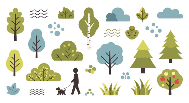 Flat vector nature park elements trees bushes clouds and a person walking a dog EPS10 Stock.eps