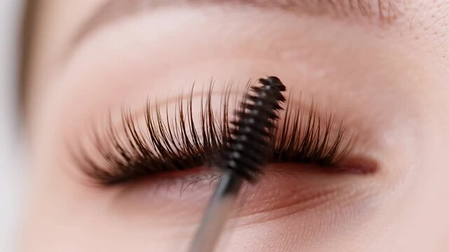 Close up of a woman applying mascara to her long eyelashes