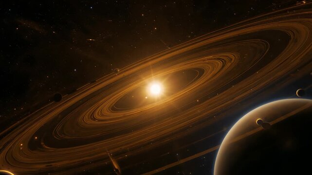 Bright golden star surrounded by wide elliptical rings and multiple planets against a dark outer space background