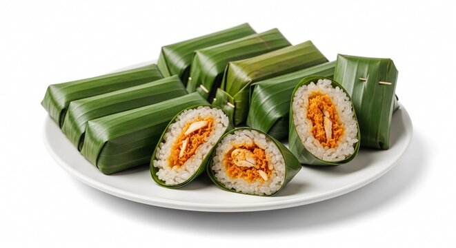 Traditional Indonesian lemper made of sticky rice filled with seasoned shredded chicken, wrapped in fresh banana leaves and served on a white plate isolated on a clean background, showcasing authentic