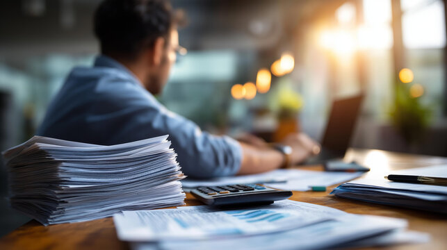 Wide bright office scene of a faceless businessman from behind at a desk with printed report pages and a calculator cross referencing documents in a careful and methodical review