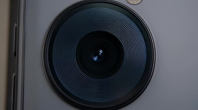 Extremely close up shot of a large lens on a grey device