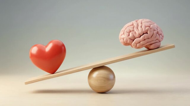 Conceptual Balance: Red Heart and Human Brain on a Seesaw, Symbolizing Emotional Intelligence and Rational Thought.