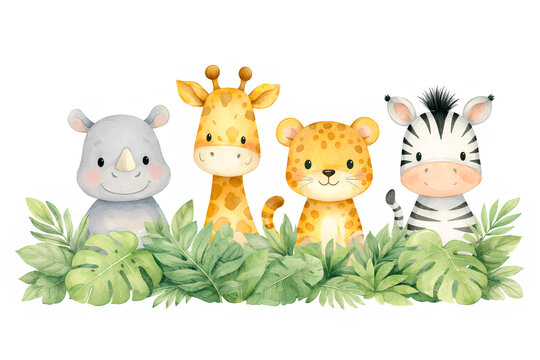 Cute watercolor safari baby animals illustration with rhino giraffe leopard and zebra behind tropical leaves, adorable nursery wildlife clipart in soft pastel jungle style