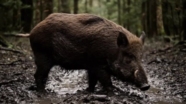 Solitary wild boar with coarse brown fur wades through deep dark mud on a forest floor pathway.