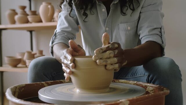 Crafting pottery in a studio during the day with hands shaping clay on a wheel