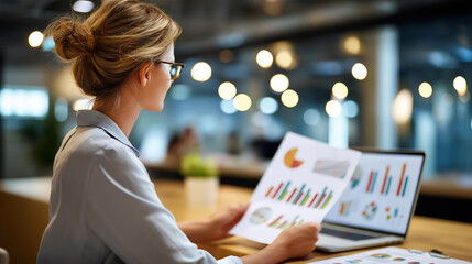Fototapeta premium Wide bright office scene of a faceless businesswoman from behind at a bright desk reviewing printed financial report pages showing vivid bar graphs pie charts and figures beside