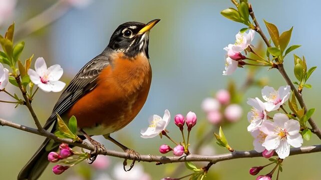 American Robin Sings on Cherry Blossom Branch in Spring Sunlight