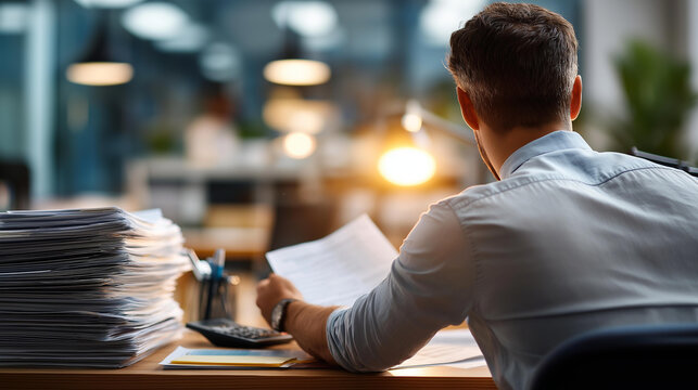 Wide bright office scene of a faceless businessman from behind at a desk with printed report pages and an open calculator cross referencing document stacks with a focused and