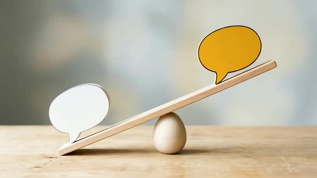 Speech bubbles balancing on an egg on a wooden surface, symbolizing the weight of differing opinions and communication