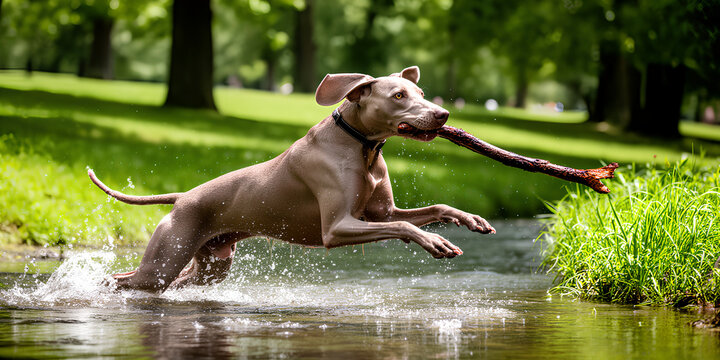 Energetic Weimaraner dog leaping through stream with stick outdoors