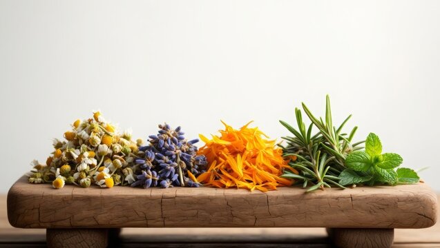 medicinal herbs on a wooden stand