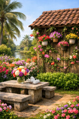 Obraz premium Tropical Backyard Flower Garden With Stone Table Tea Set Coconut Trees Canal Vertical