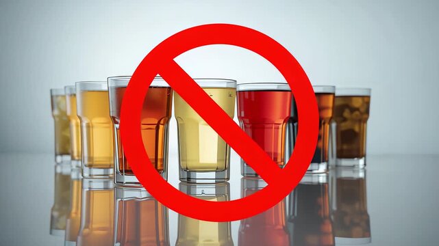Red prohibition circle and diagonal slash displayed over rows of filled beverage glasses